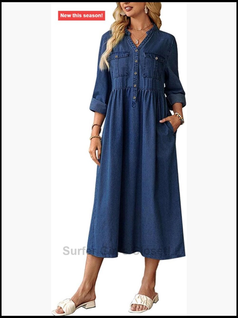 Plus Size Denim Dress Long Sleeve V Neck Button Down Maxi